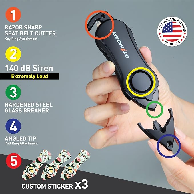 Stinger Personal Alarm Keychain Emergency Tool, Safety Panic Alarm Siren, Seat Belt Cutter, Glass Breaker, Security Device for Women Men Kid, Design in USA (Sushi)