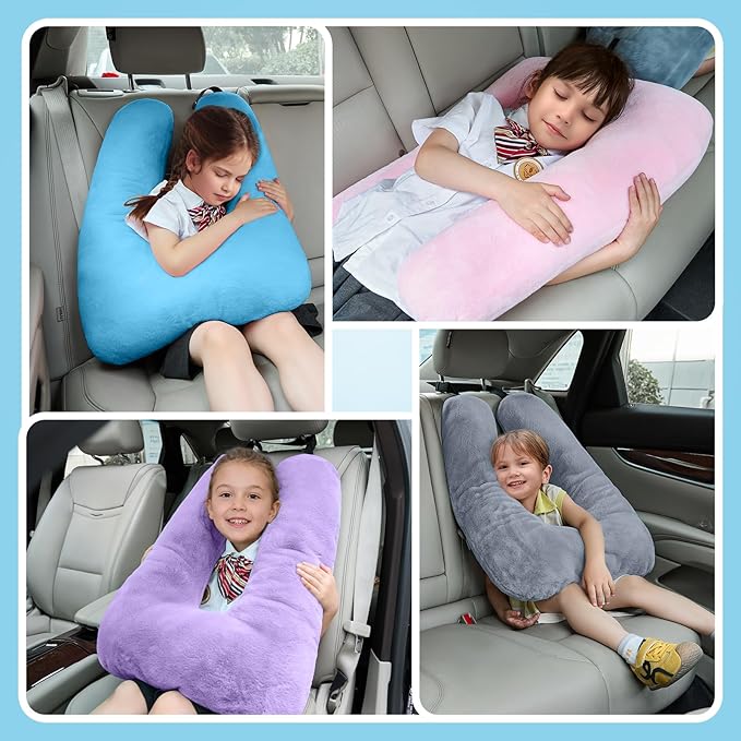 Car Pillow for Kids, Travel Pillow for Car, Car Sleeping Pillow for Kids and Adults with Adjustable Strap, Car Travel Essentials, Road Trip Pillow for Head and Neck Support,Grey