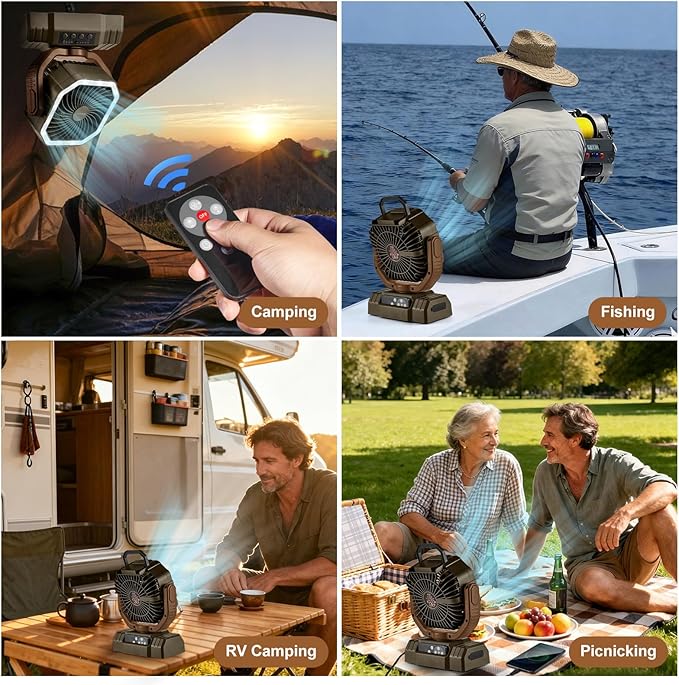 Odoland Portable Camping Fan with LED Lantern, 20000mAh Rechargeable Battery Powered Fan with Auto Oscillation, Timer, Remote, 360° Rotation Hook, 4 Speeds for Power Outage Travel Home,Brown