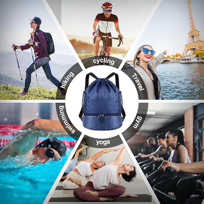 6 Pack Gym Drawstring Backpack Bags Bulk with Shoe Compartment for Sports Wet Proof Pocket for Men Women Large(Blue, Black)