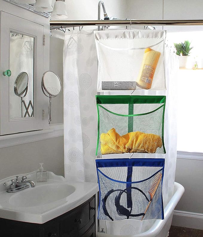 Portable Mesh Pocket with Rotatable Hanger, Quick Dry Serial Type Bath Storage Organizers for Travel, Camper, RV, Gym, Cruise, Cabin, College Dorm Shower(Blue)