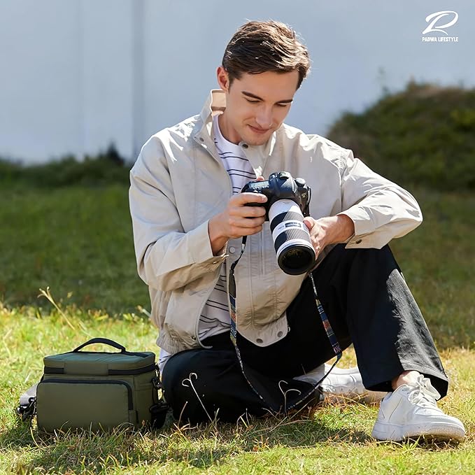 Padwa Lifestyle Green Small Portable Camera Bag - Compact Nylon Camera Photography Bag Weather Resistant with Lens Compartment,Casual Camera Bag for Small Digital,SLR,Mirrorless Cameras