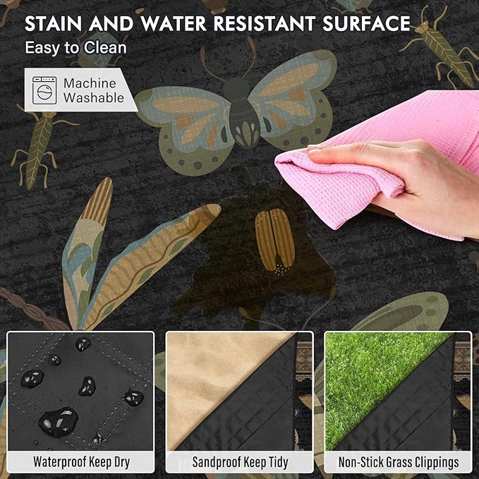 Insect Picnic Blankets Waterproof Foldable, 60″X80″ Packable Picnic Mat Vintage Outdoor Blanket for Grass, Large Beach Blanket Sandproof Picnic Accessories for Camping Music Festival Park Lawn Travel