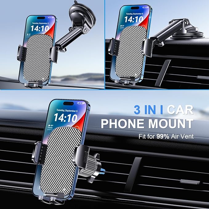 Phone Mount for Car Phone Holder [Military-Grade Suction & Stable Clip] Car Phone Holder Mount Windshield Dashboard Air Vent Universal Automobile Mount Fit for All Dash Mounting Kits iPhone