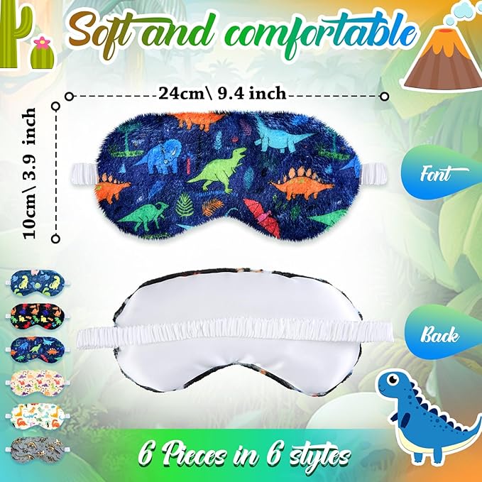 Cuffbow 6 Pack Plush Sleep Mask Set, Cute Plush Eye Masks for Sleeping, Soft Comfortable Travel Nap Blindfold, Sleepover Party Favors for Women (Dinosaur,Colorful)