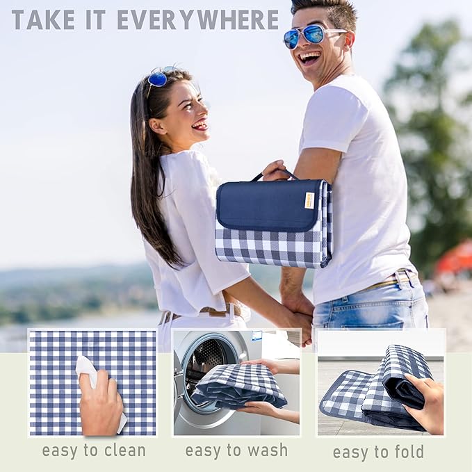 SAMSIER Outdoor Picnic Blankets Waterproof Foldable, Large Beach Blanket Sandproof, Gingham Picnic Mat Cute Washable Portable (Navy Blue, 80"×80")