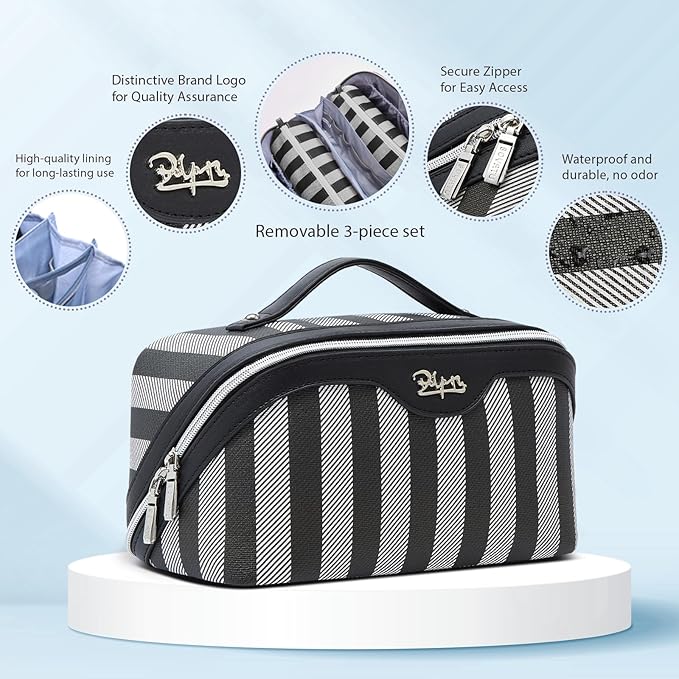 BOYATU Travel Makeup Bag Cosmetic Bag for Women: 3 Pcs Set Striped Make up Bag with Compartments - Waterproof Vegan Leather Toiletry Bag with Handle - Makeup Organizer for Travel Essentials(A-4-Black)