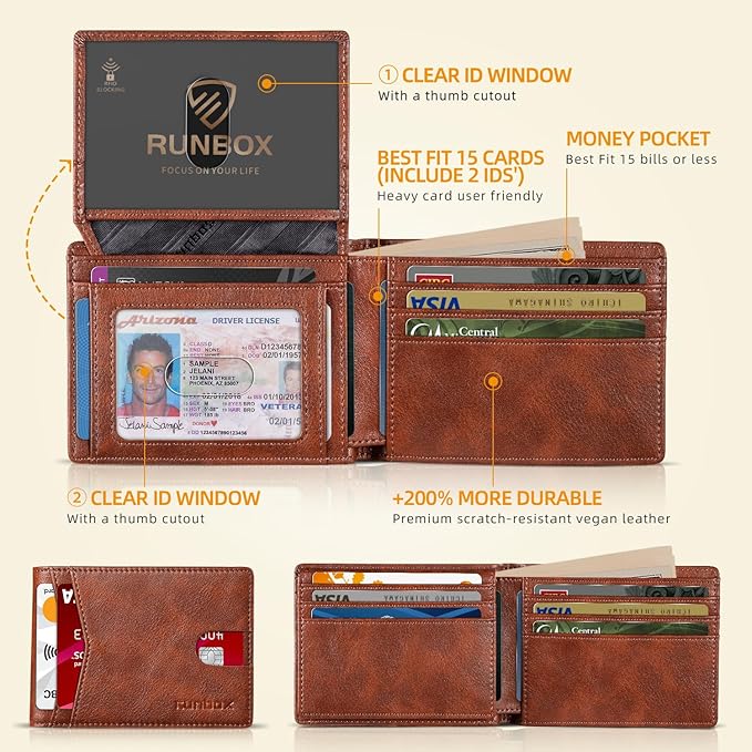RUNBOX Wallet for Men -Slim Rfid Leather Mens Bifold Novelty Wallets 2 ID Window With Gift Box Men's Accessories | Slim
