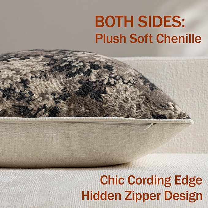 DEZENE Pack of 2 Vintage Floral Throw Pillow Covers 16x16 Boho Farmhouse Accents Chenille Square Decorative Pillow Cases for Living Room Couch Bed Home Decor, Taupe