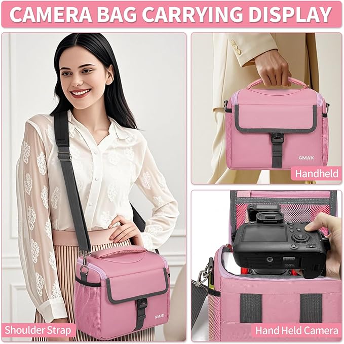 GMAK Camera Bag for Photographers, Anti-shock Camera Shoulder Bags with Water-resistant Rain Cover, Camera Case Compatible for DSLR/SLR/Mirrorless Cameras, 9'' × 4.7'' × 7.5'', Pink