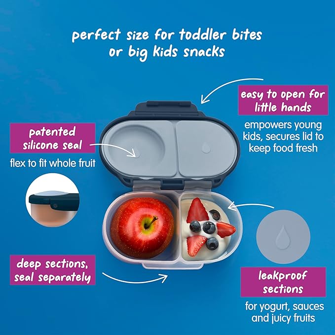 b.box Snack Box - Leakproof Mini Bento Box for Kids & Toddlers, 2 Compartment Snack Containers for Kids, Lunch Containers, Dishwasher Safe, BPA Free, PFAS Free, Ages 4m+, 1 3/4 Cup - Midnight