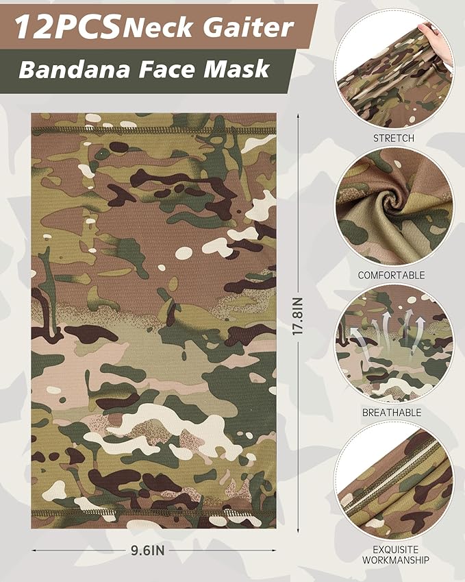 Cuffbow 12 Pack Neck Gaiters Face Mask Balaclava for Men Women Cooling Neck Gaiter Summer UV Protection Scarf
