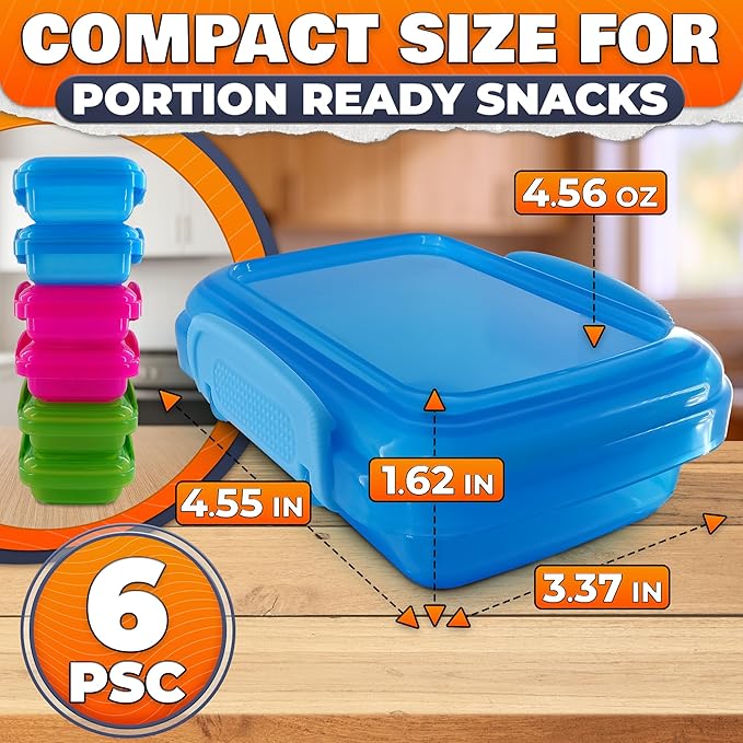 6 Pcs Lock Top Snack Containers with Lids – 4.6 Oz Small Snap Storage Containers – Microwave and Dishwasher Safe, 2 Side Clips for Sauces, Pastes, Spreads, Snacks | Kitchen, Travel, Office, Crafts