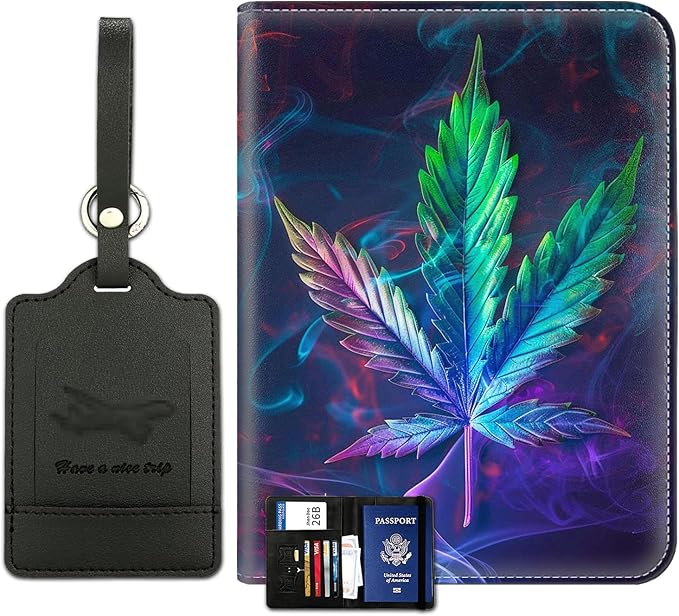 Passport Wallet, Passport Holder with RFID Blocking and Luggage Tag, Waterproof PU Leather Travel Documents Organizer Case, Passport Covers with Card Slot for Women & Men, Weed Leaf Passport Book