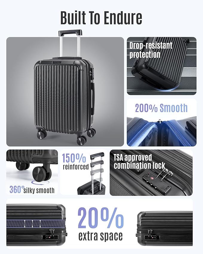LIGHT FLIGHT Carry On Luggage 22x14x9 Airline Approved, Durable Hard Shell Carry On Suitcases with Wheels, Expandable Hardside Lightweight Travel Luggage with TSA Lock 20 Inch Carry on, Black