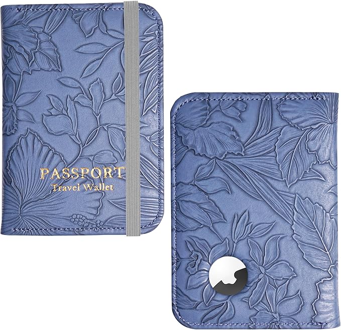 lizimandu Passport Holder with Airtag Slot, Airtag Passport Wallet for Men Women, Slim Leather Passport Holder Case Family for Travel Anti-Lost(1-Carved Blue)