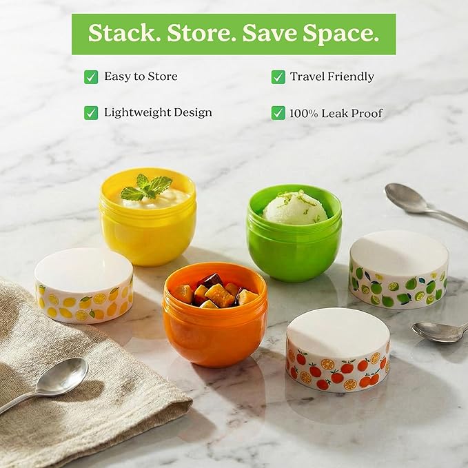 Snack Containers (4 Set) - 4.75 Oz Small Food Storage Cups with Lids - Fruit, Nuts, Sauce, Condiments & Salad Container for Lunch Box - (3 COLORS-5 Oz)