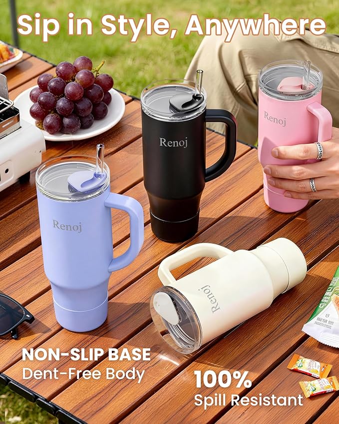 Renoj Insulated Mug 100% Spill Resistant Insulated Water Bottle for Iced Coffee & Hot Drinks - Fits Car Cup Holder, Ideal Gift, 2 Straws & Silicone Boot - FlexSlide Pink 32 oz