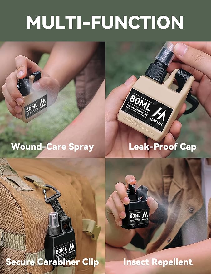 4 Pack Mini Spray Bottles with Hanging Buckle, 2.7oz/80ml, Fine Mist Mini Empty, Travel Spray Bottles, Leak Proof, With 2 Pack Survival Paracord Bracelet, Perfect for Camping, Hiking, Fishing