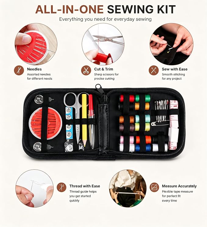 JANREAY Sewing Kit for Adults Travel, Small Sewing Kit for Beginners, Travelers, Emergency Mini Needle and Thread Kit with 14 Thread Spools, Needles, Threader, Scissors,Tape Measure, Buttons