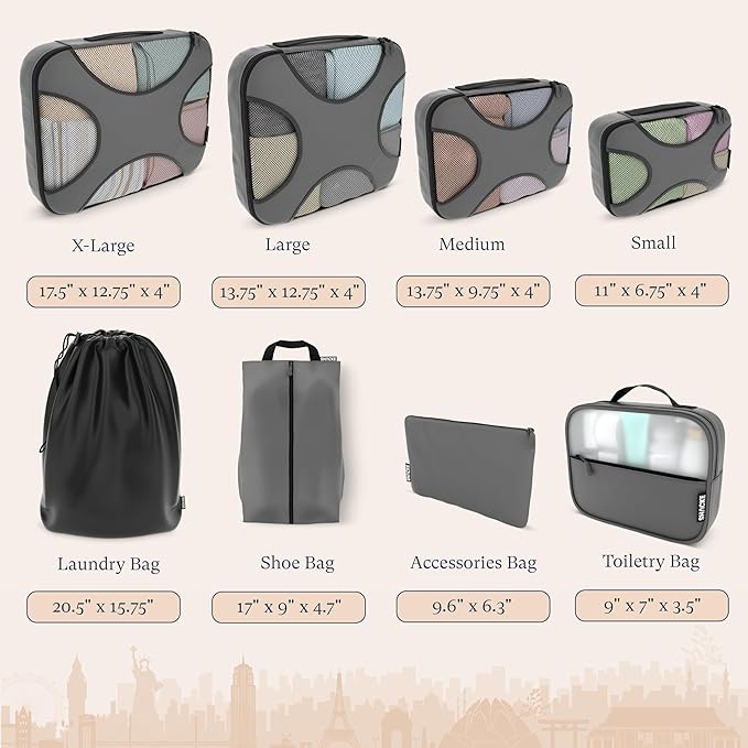 Shacke 8 Set Packing Cubes for Travel – Complete Luggage Organizer Set with Laundry, Shoe, Toiletry & Accessories Bag, Suitcase Travel Organizer (Dark Grey)