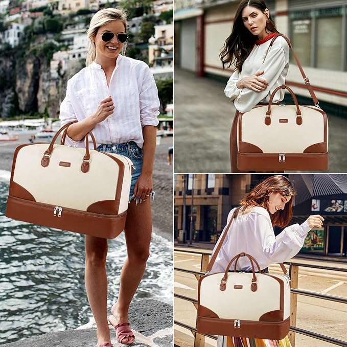 ITIEZY Weekender Overnight Bag for Women - Large Travel Duffel Bag with Shoe Compartment, Gym Duffel Bag Hospital Bag Carry On Tote Bags for Airplanes with Crossbody Bag Toiletry Bag 3Pcs Set