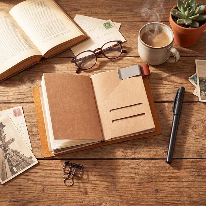 Thenshop Travelers Refillable Leather Journal Notebook Travel Diary Handmade Passport Travelers Journal for Men and Women with 3 Notebook Inserts, Pen Holder, Binder Clip (Light Brown,Passport Size)