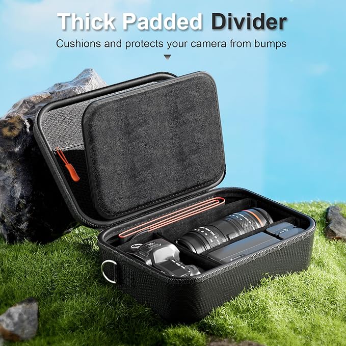 ProCase Hard Shell Digital Camera Case for Canon Rebel T7/EOS R100/R50/DSLR/SLR/Nikon/Sony/Mirrorless, Padded Travel Bag with 1 Shoulder Strap and 3 Adjustable Dividers Fathers Day Gift -Black
