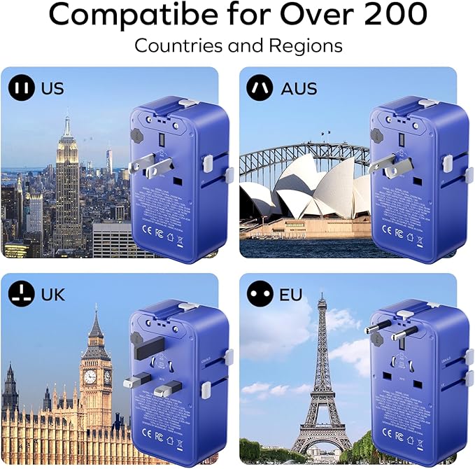 (2026 NEW) MOMAX Universal Travel Adapter, Ultra-Thin 1-World Pocket 70W GaN International Plug Adapter with 3 USB-C & 1 USB-A Fast Charging All-in-One Wall Charger for USA EU UK AUS (1-Pack, Blue)