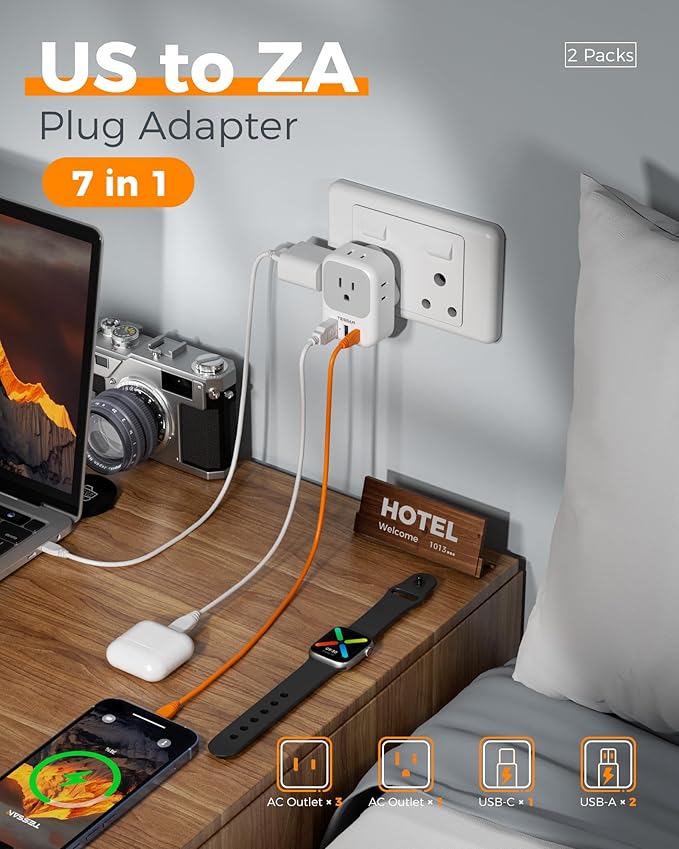 Type M Adapter for South Africa Plug 2 Pack, TESSAN South Africa Power Adapter with 4 AC Outlets 3 USB Ports(1 USB C PD 20W), Travel Adaptor US to Botswana Namibia Nepal Bhutan