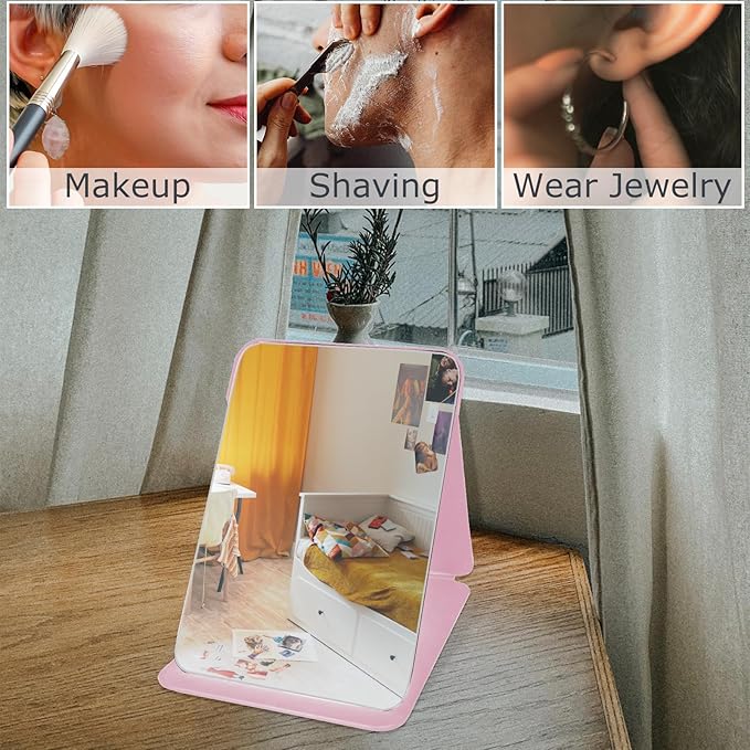 Makeup Mirror, 6x8 Inches Portable PU Leather Mirror, Folding Desktop Vanity Mirror with Adjustable Stand for Vanity Table, Office, Travel (M, Pink)