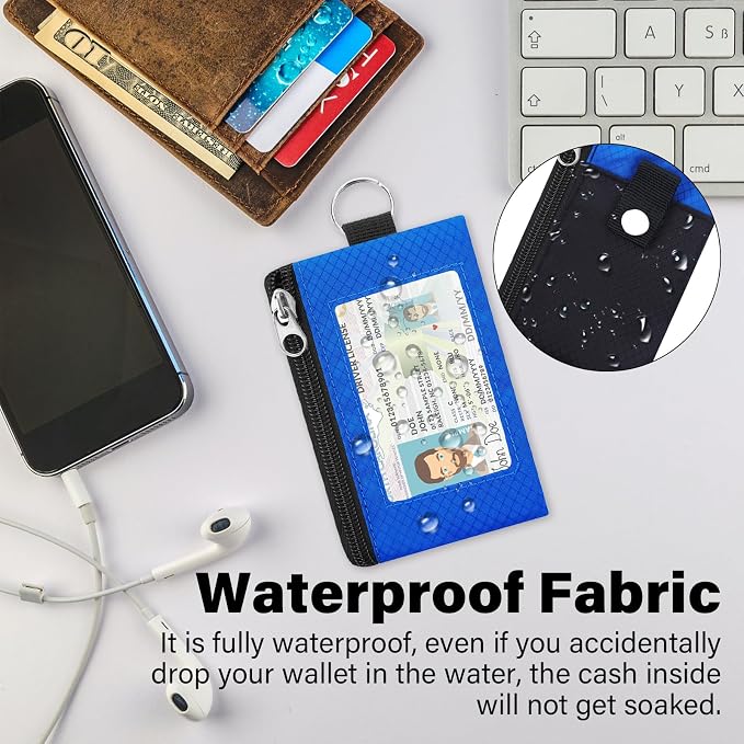 Minimalist Small Wallet for Men Women with 2 Zip Pockets, Multi Functional ID Case with Keychain and Card Holder, Coin Purse Badge Lanyard Pouch for Boys Girls Travel -Black+DarkBlue