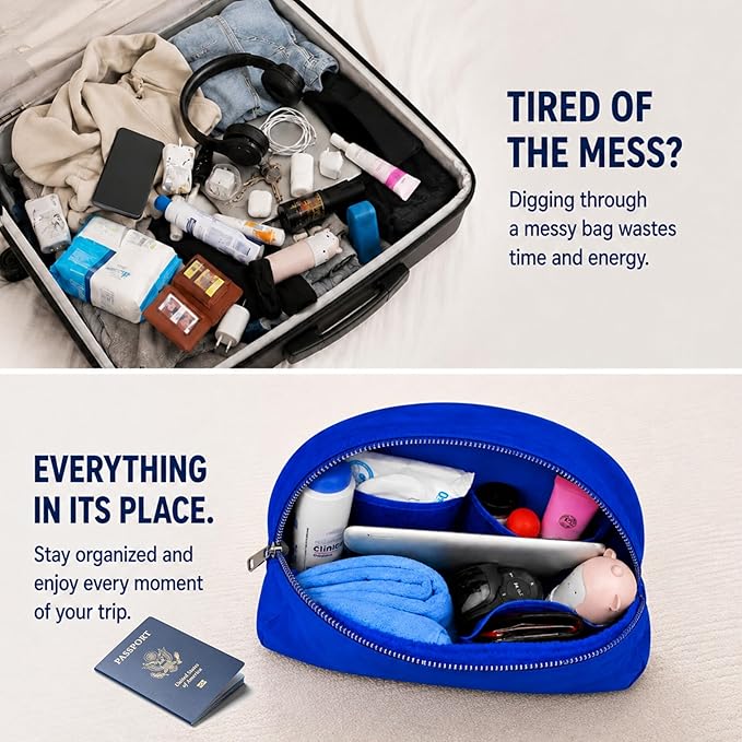Travel Blanket Airplane Compact with Bag, Soft 40" x 60" Blanket with Luggage Strap & Underseat Personal Item Organizer for Flights, Home & Office, Blue
