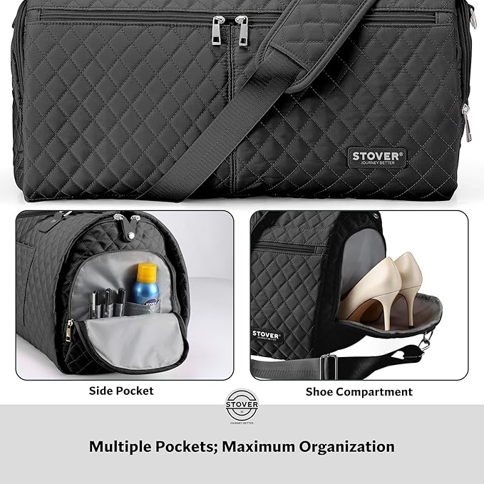 STOVER Women’s Convertible Garment Duffel Bag for Travel – 2-in-1 Carry-On Weekender/Overnight Tote - Wrinkle-Free Dresses, Suits & Clothes + Shoe Compartment & Bonus Toiletry Bag (Onyx Black)