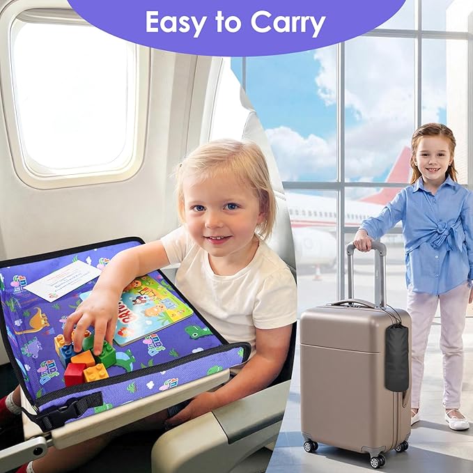 Kids Tray Table Cover, Airplane Tray Cover with Pockets, Airplane Travel Essentials for Kids, Portable Airplane Must Haves for Toddler on Plane or Train and Flying Supplies (Blue)