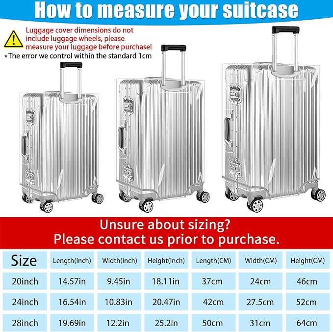 Yotako 3 Pieces Clear PVC Suitcase Cover Tough Protector, 20" 24" 28" Luggage Covers for Wheeled Suitcase