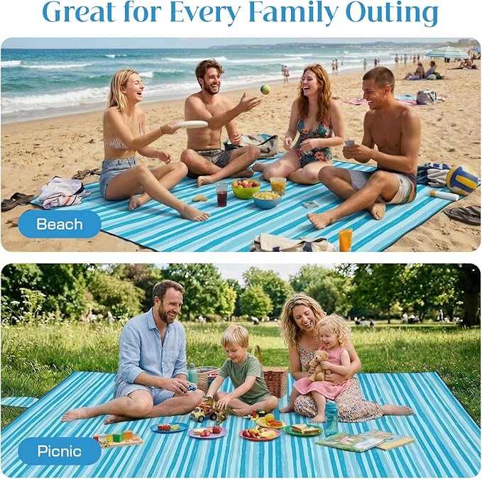 OIGAE Family Beach Blanket, 7×8 ft Sand-Free Picnic Mat for 1–4 People, Quick-Dry Lightweight Outdoor Blanket with Stakes & Corner Pockets, Blue Wave Stripes