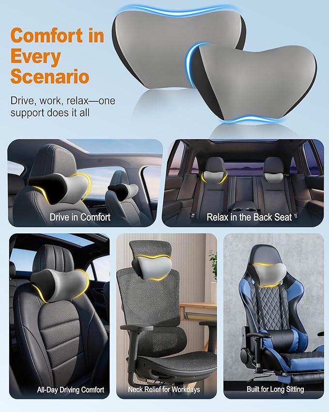 2-Pack Car Neck Pillow: Ergonomic Memory Foam Car Headrest Pillow, Neck Support Pillow for Long Drives, Headrest Support Cushion for Pain Relief, Universal Fit for Cars, SUVs & Trucks - Gray&Black