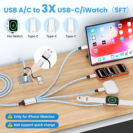 4in2 Multi Charging Cable for iWatch Charger/iPhone Charger/CarPlay Cable, Travel Vacation Essentials, (2Pack 5FT) 3 X USB C/iWatch Charger Cords for iWatch 11-1/iPhone 17-15, Android Car, Blue