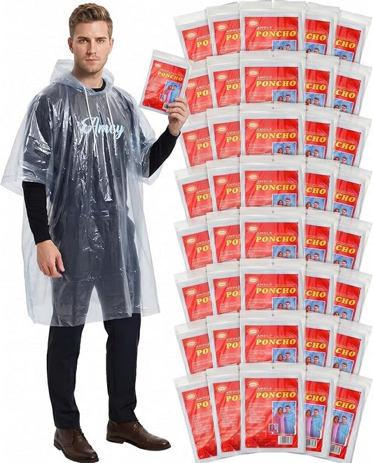 40 Pack Disposable Rain Ponchos for Adults Disposable Ponchos Pack with Drawstring Hood Elastic Sleeves Raincoat for Camping