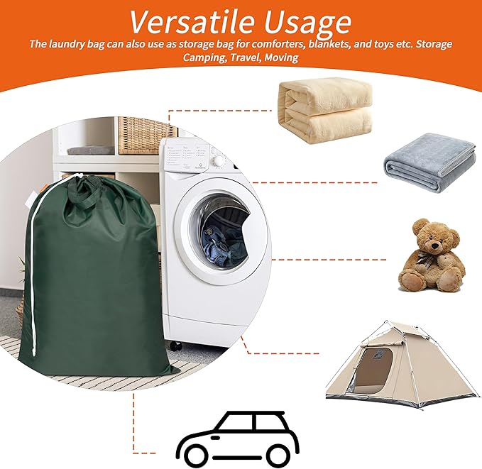 Polecasa Extra Heavy-Duty Laundry Bag 28x36”- Machine Washable Large Storage Bag with Reinforced Handles & Drawstring Closure & ID Tag for College Dorm Travel - Green