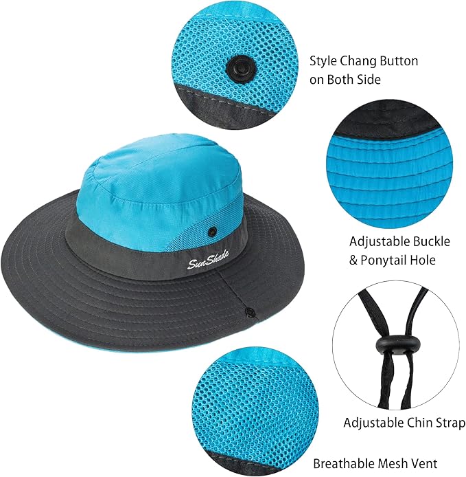 Women's Summer Sun-Hat Ponytail - Outdoor UV-Protection Mesh Wide Brim Foldable Hat with Ponytail Hole