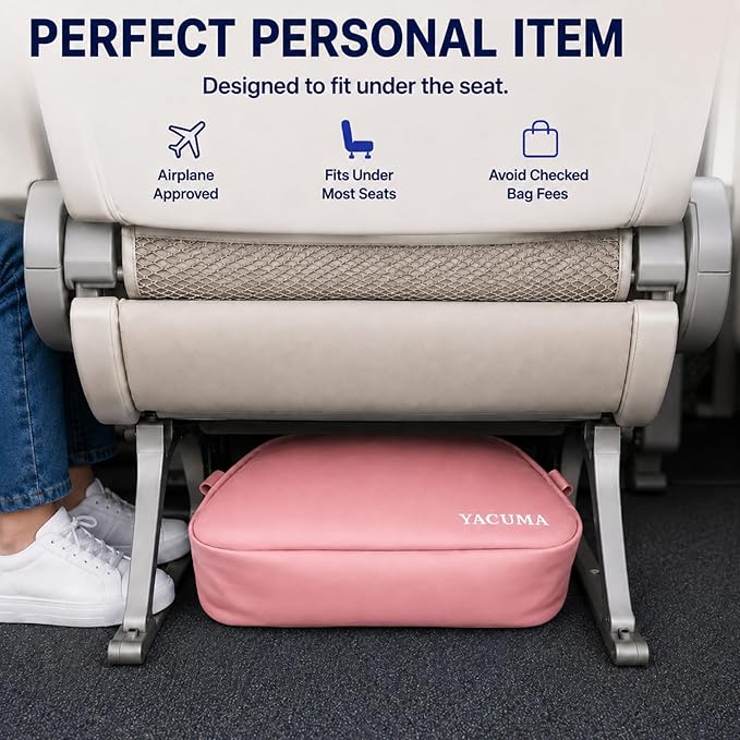 Travel Blanket Airplane Compact with Bag, Soft 40" x 60" Blanket with Luggage Strap & Underseat Personal Item Organizer for Flights, Home & Office, Pink