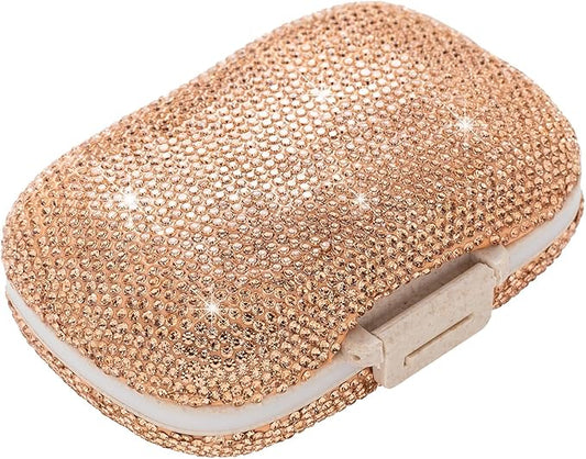 Cute Pill Organizer Small Bling Pill Case for Purse Medicine Vitamin Container Holder Daily Pill Box Container for Women Travel Medicine Kit(Peach)