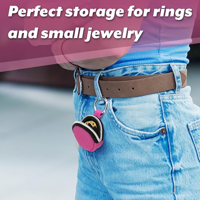 Homakover Portable Ring Organizer Case with Keychain, Traveling Ring Holder Storage Bag, Anti-Lost Keychain Container for Rings, Jewelry (1, Hot Pink)