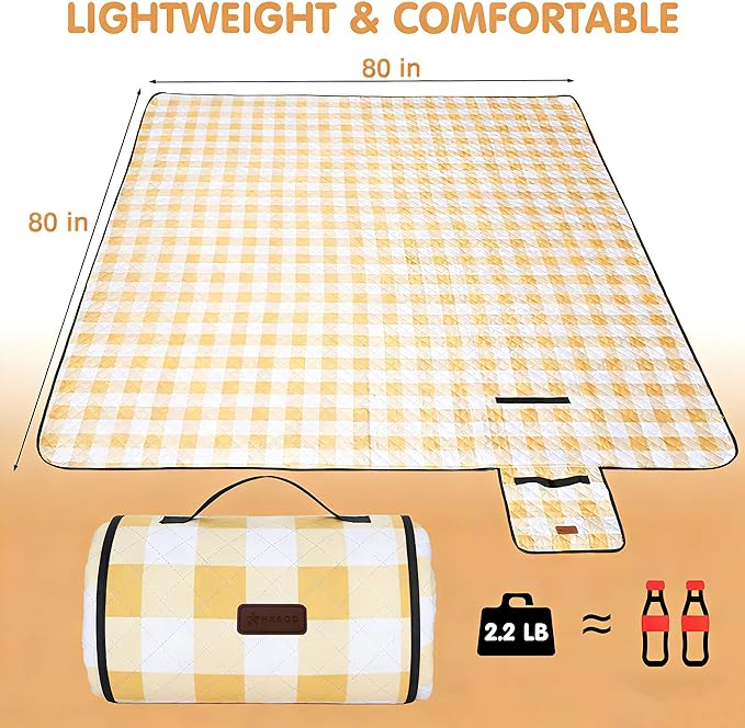 HX&OD Outdoor Picnic Blanket, Extra Large, 80''x80'' Waterproof Foldable Blankets Gingham Picnic Mat for Beach, Camping Grass Lawn Park Accessories Cute Couple Ideas Wedding (Yellow, 80”x80”)