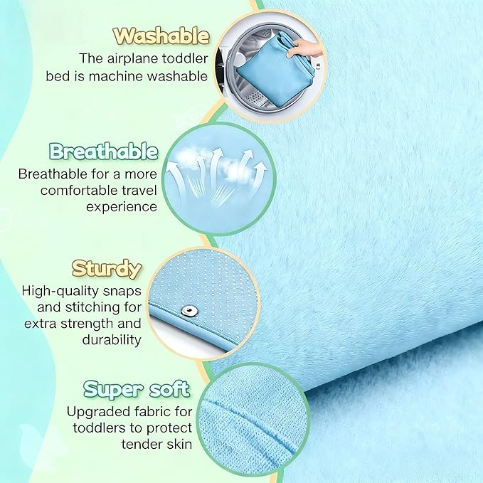 Light Blue Toddler Airplane Bed with Cloth Book, Portable Airplane Seat Extender Travel Bed for Kids, Soft Baby Plane Travel Essentials for Flying, Toddlers Long Flight Must Haves Footrest