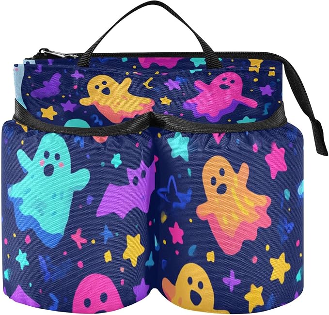 Luggage Cup Holder for Suitcases Free Hands Suitcase Cup Holder Travel Luggage Drink Holder Portable Luggage Cup Caddy Bag Carrier with Handle Neon Halloween Ghosts Stars Bats
