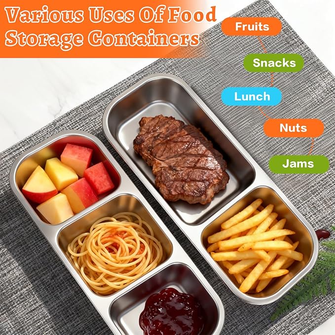 4 Pack Stainless Steel Snack Containers with Lids, 3-Compartments Reusable Lunch Box for Adults, Food Storage Containers Divided Meal Prep Box for Home, Work, Travel