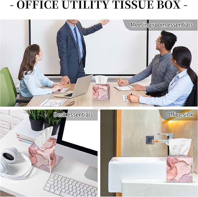 Pink Gold Liquid Marble Tissue Box Cover Square,Modern Marble Texture Tissue Box Holder Waterproof Leather Facial Paper Organizer Dispenser for Bathroom Home Car Nightstand Vanity Desk
